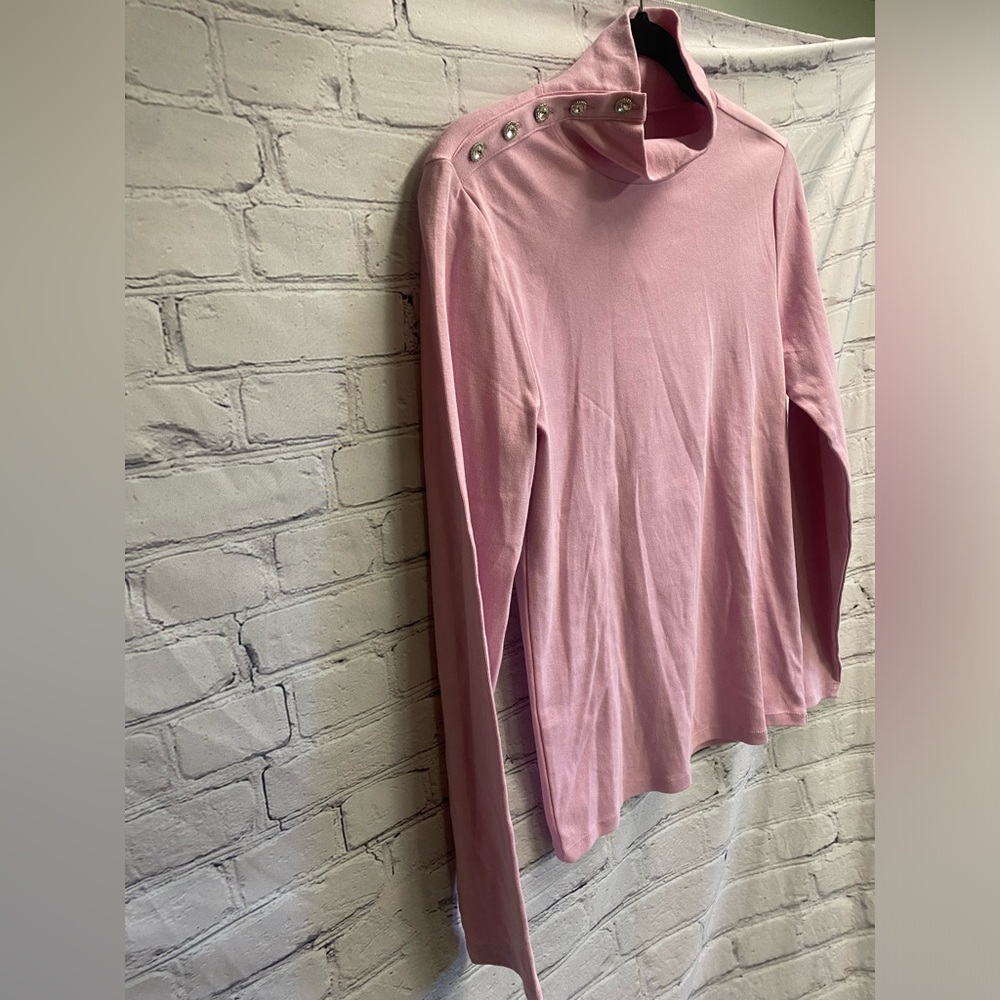 J.Crew Cotton Perfect Fit Turtleneck Jeweled Buttons Baby Pink Sz M VALENTINE